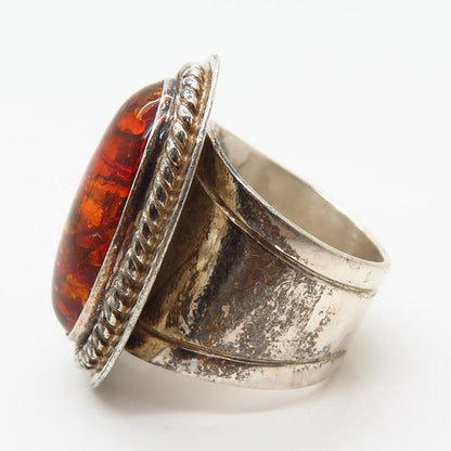 925 Sterling Silver Vintage Jay King Desert Rose Real Amber Wide Ring Size 7 3/4