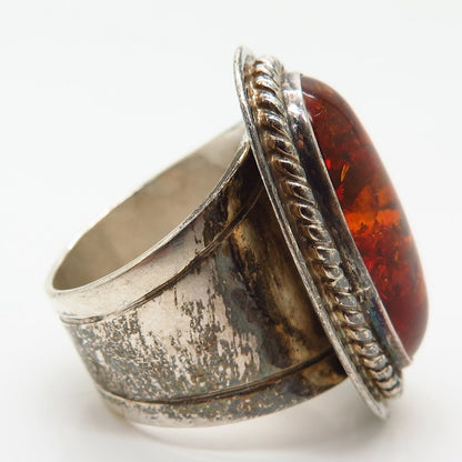 925 Sterling Silver Vintage Jay King Desert Rose Real Amber Wide Ring Size 7 3/4