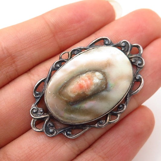 925 Sterling Silver Vintage Real Mother-of-Pearl Oval Pin Brooch