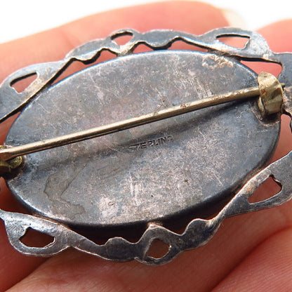 925 Sterling Silver Vintage Real Mother-of-Pearl Oval Pin Brooch