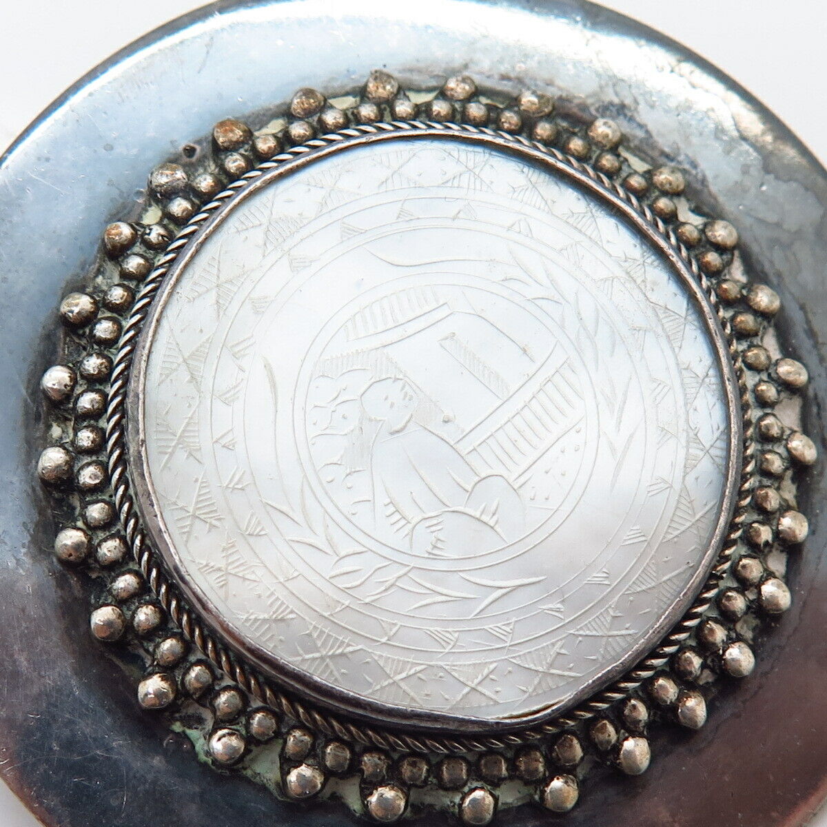 925 Sterling Silver Vintage Real Carved Mother-Of-Pearl Storyteller Pin Brooch