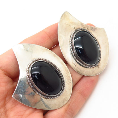 925 Sterling Vintage Mexico Real Black Onyx Gemstone Statement Clip On Earrings