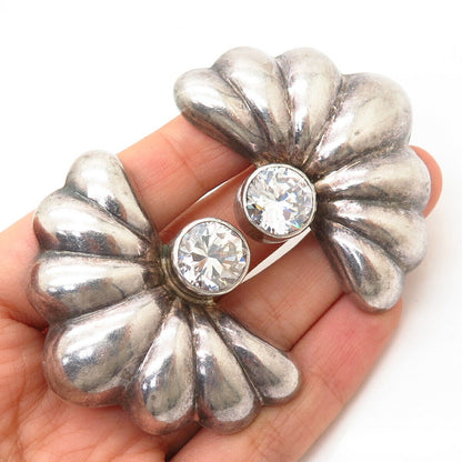 950 Silver Vintage Mexico C Z Statement Floral Design Hollow Clip On Earrings