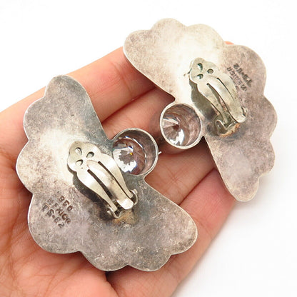 950 Silver Vintage Mexico C Z Statement Floral Design Hollow Clip On Earrings