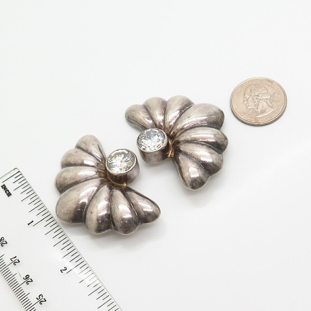 950 Silver Vintage Mexico C Z Statement Floral Design Hollow Clip On Earrings