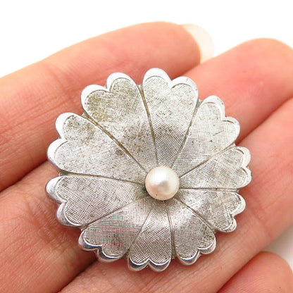 925 Sterling Silver Vintage Real Pearl Floral Design Pin Brooch