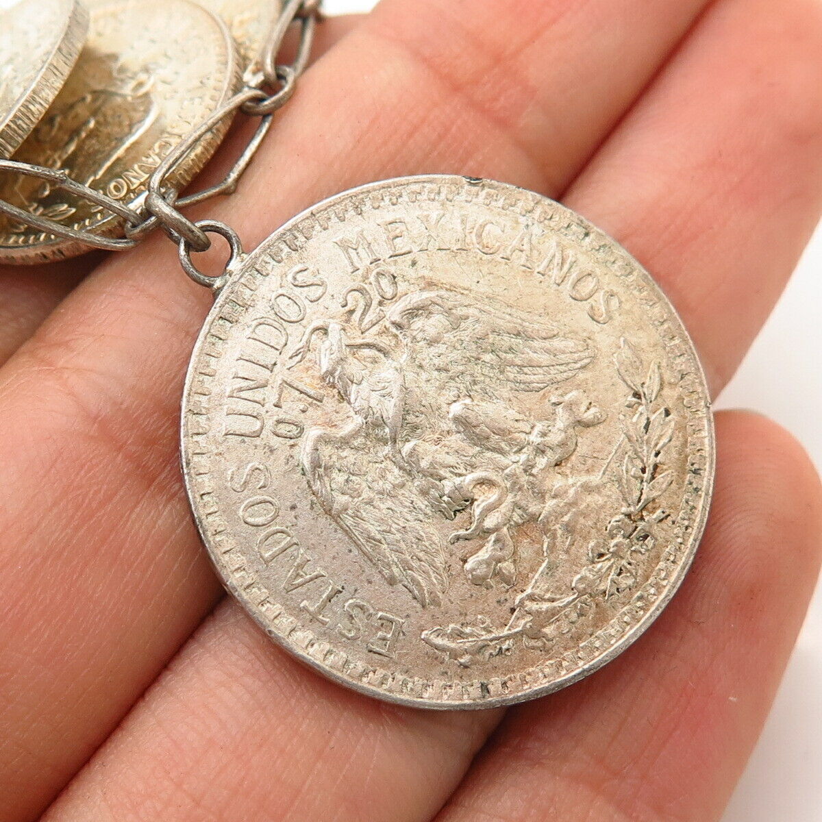 720 Silver Vintage Mexico 1940s 20 & 50 Centavos Coin Link Bracelet 6 3/4"