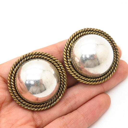 925 Sterling Silver 2-Tone Vintage Mexico Domed Hollow Large Clip On Earrings