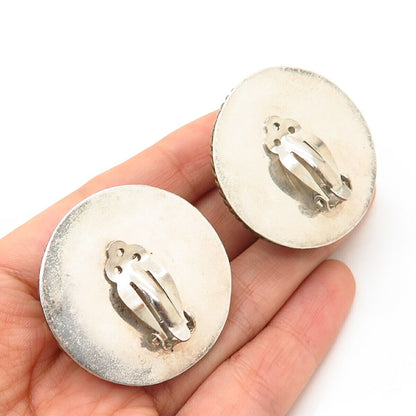 925 Sterling Silver 2-Tone Vintage Mexico Domed Hollow Large Clip On Earrings