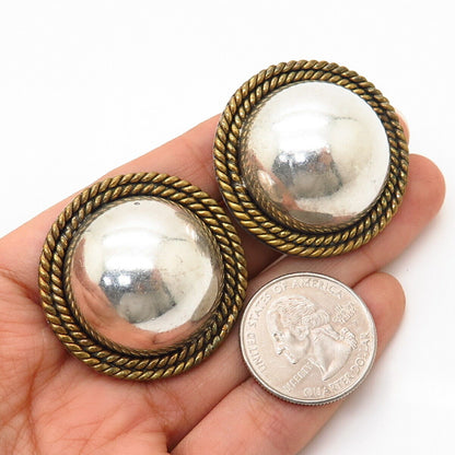 925 Sterling Silver 2-Tone Vintage Mexico Domed Hollow Large Clip On Earrings