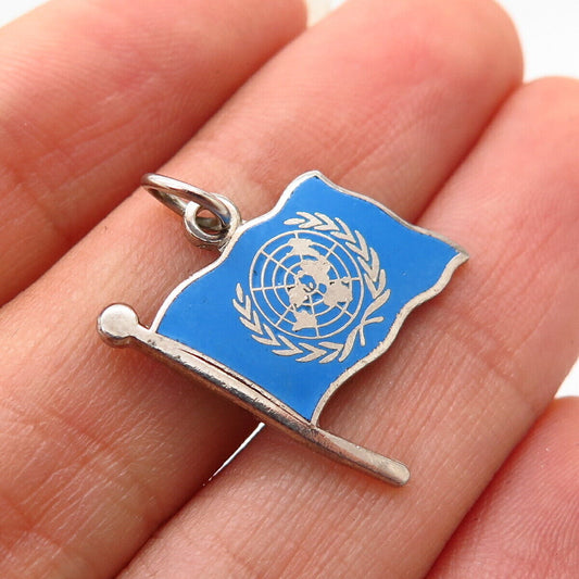 925 Sterling Silver Vintage Enamel “United Nations” Flag Charm Pendant