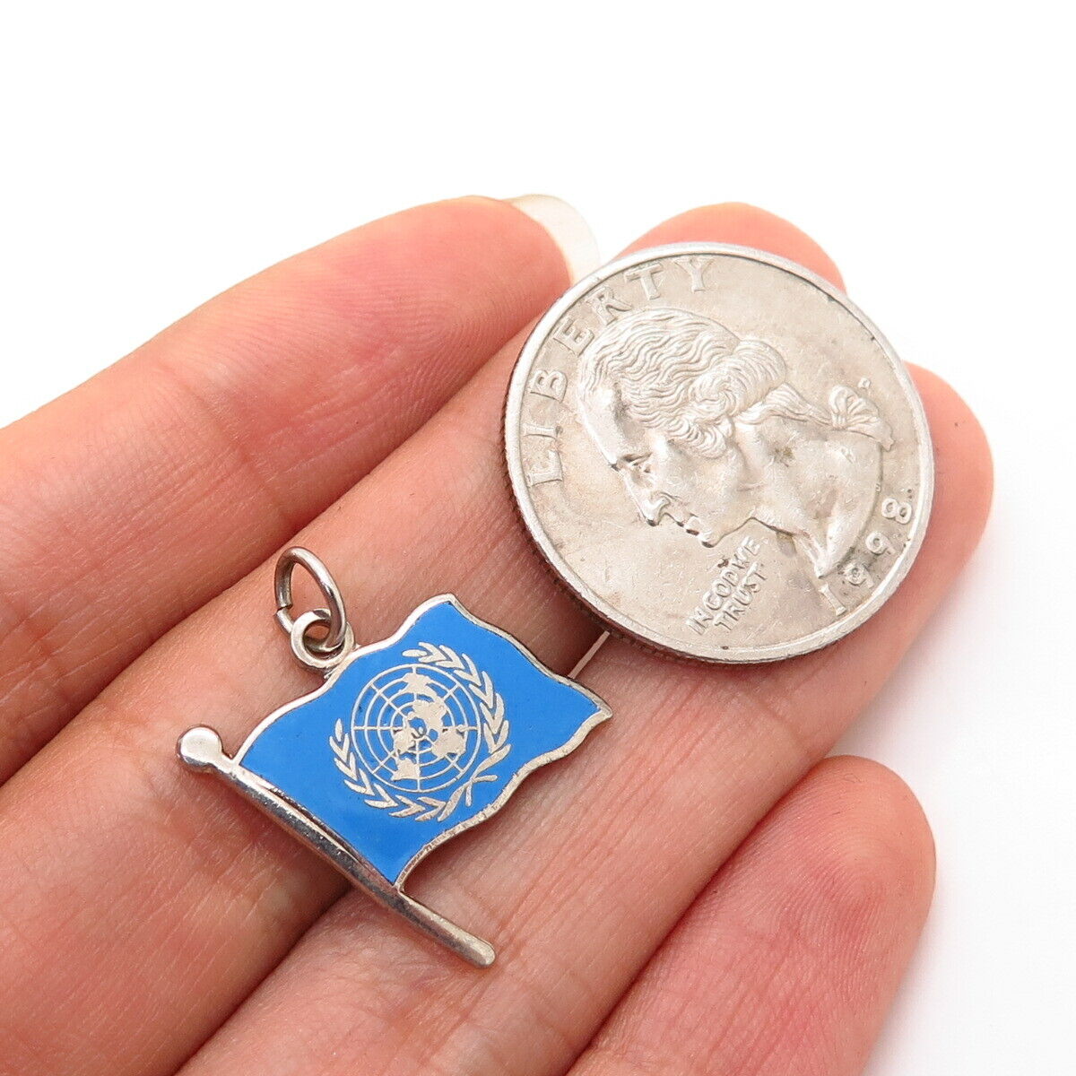 925 Sterling Silver Vintage Enamel “United Nations” Flag Charm Pendant