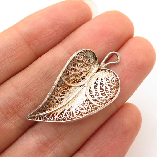 835 Silver Vintage Filigree Leaf Design Pendant / Pin Brooch