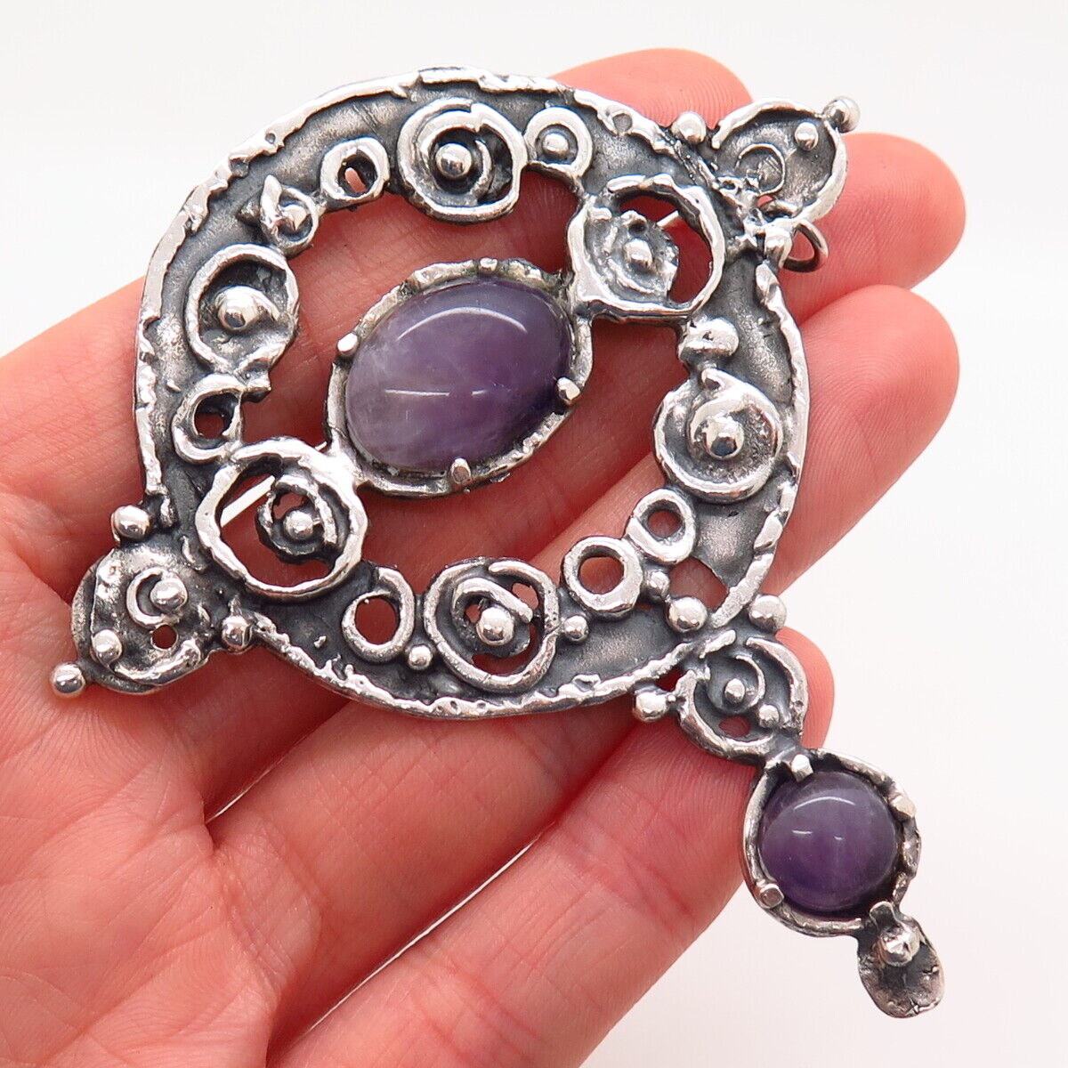 925 Sterling Silver Vintage Israel Real Amethyst Gem Large Pin Brooch / Pendant