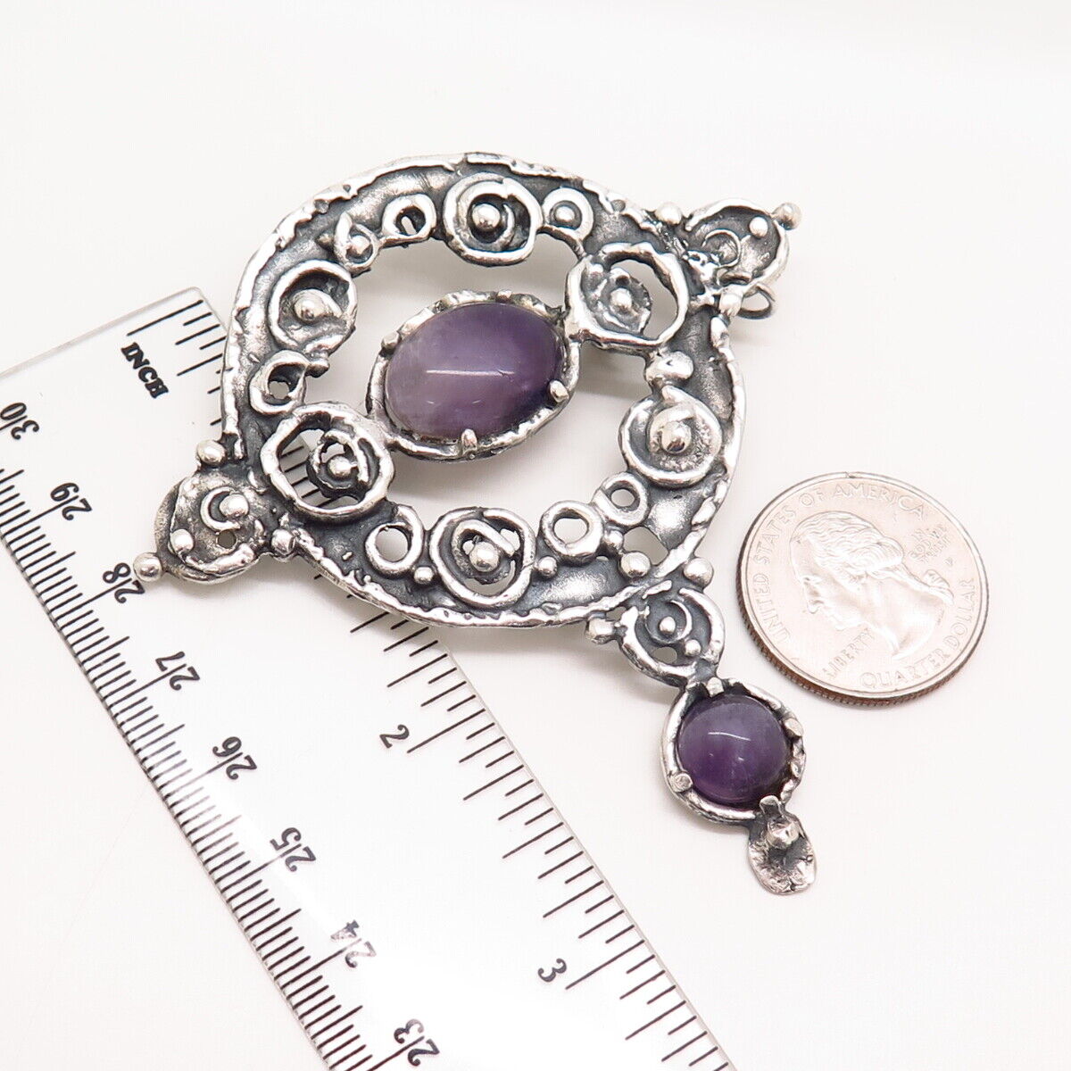 925 Sterling Silver Vintage Israel Real Amethyst Gem Large Pin Brooch / Pendant