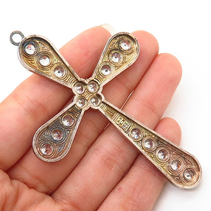 925 Sterling Silver 2-Tone C Z Carved Large Religious Cross  Pendant