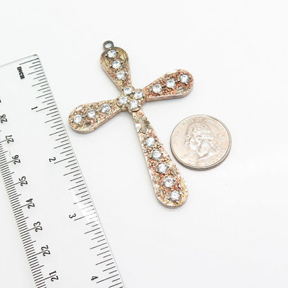 925 Sterling Silver 2-Tone C Z Carved Large Religious Cross  Pendant