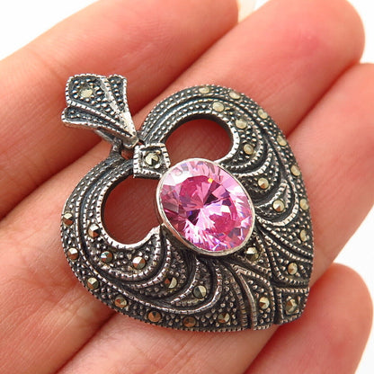 925 Sterling Silver Real Marcasite Gem & Morganite-Tone C Z Heart Pendant