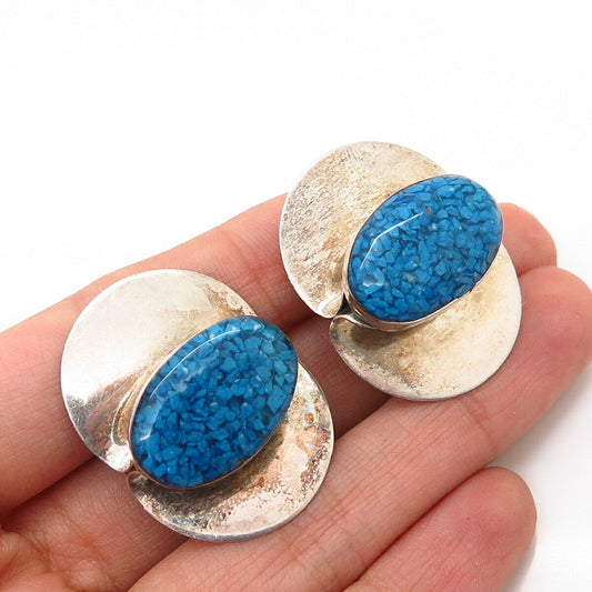 925 Sterling Silver Vintage Turquoise Inlay Statement Clip On Earrings