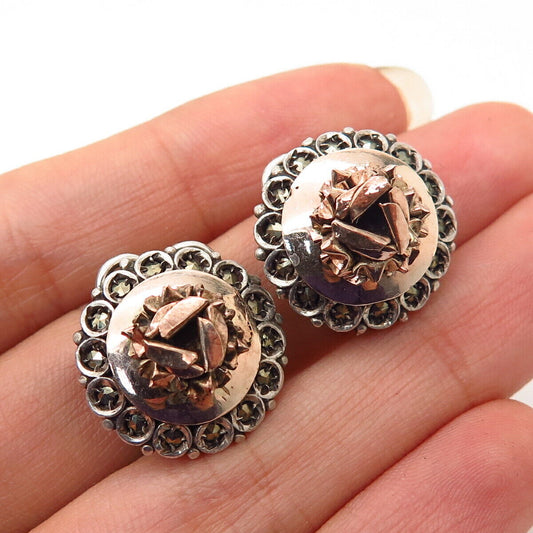 925 Sterling Silver 2-Tone Vintage Marcasite Gem Floral Design Clip On Earrings