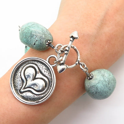 925 Sterling Silver Real Turquoise Gemstone Heart Charm Link Bracelet 6 1/4"