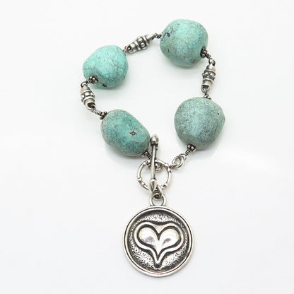 925 Sterling Silver Real Turquoise Gemstone Heart Charm Link Bracelet 6 1/4"