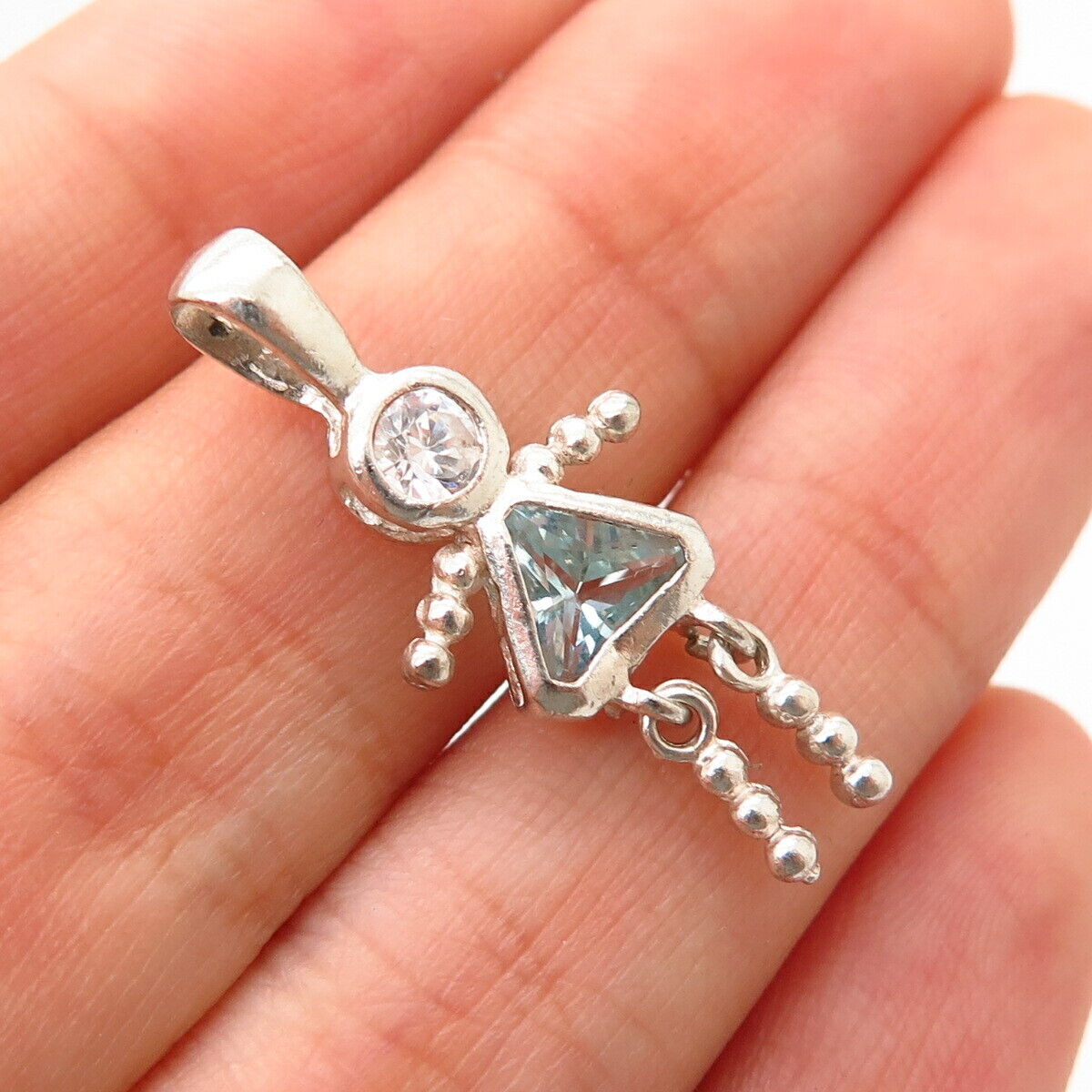 925 Sterling Silver White & Sky Blue C Z Articulated Girl Design Pendant