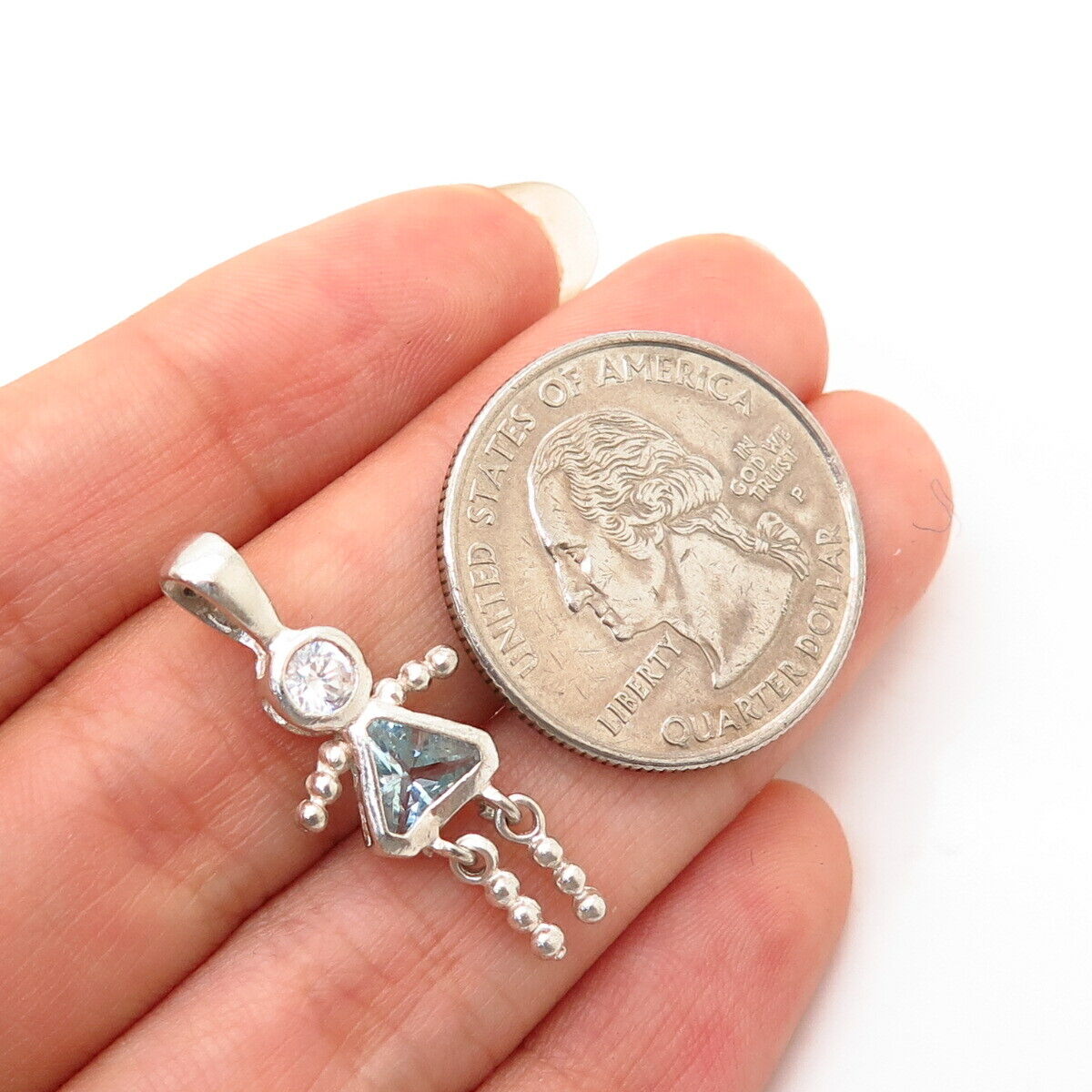 925 Sterling Silver White & Sky Blue C Z Articulated Girl Design Pendant