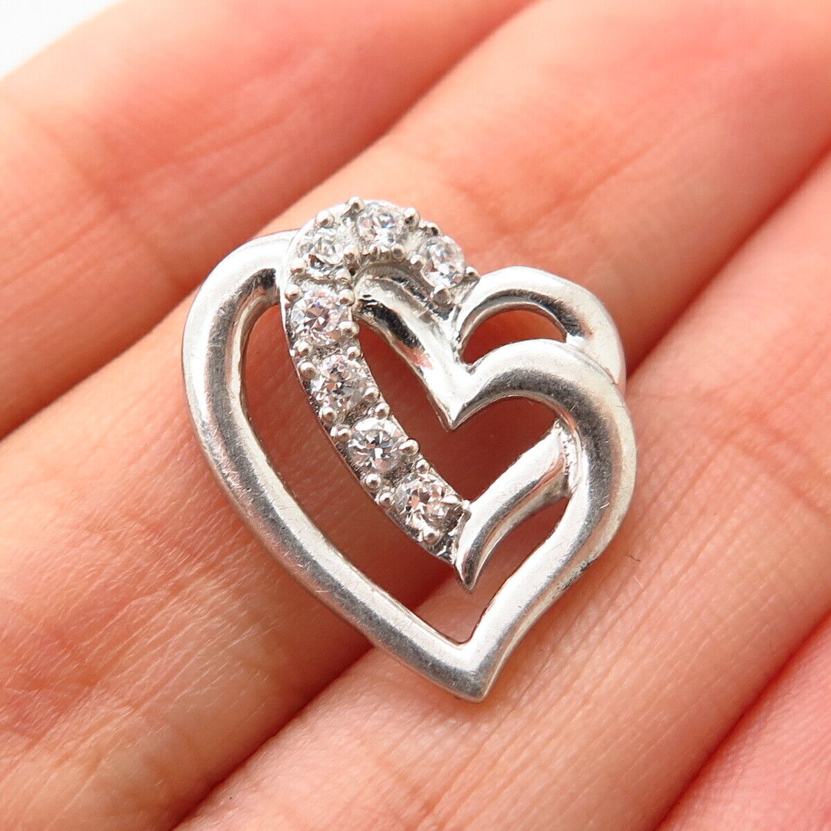 925 Sterling Silver C Z Open Double Heart Slide Pendant