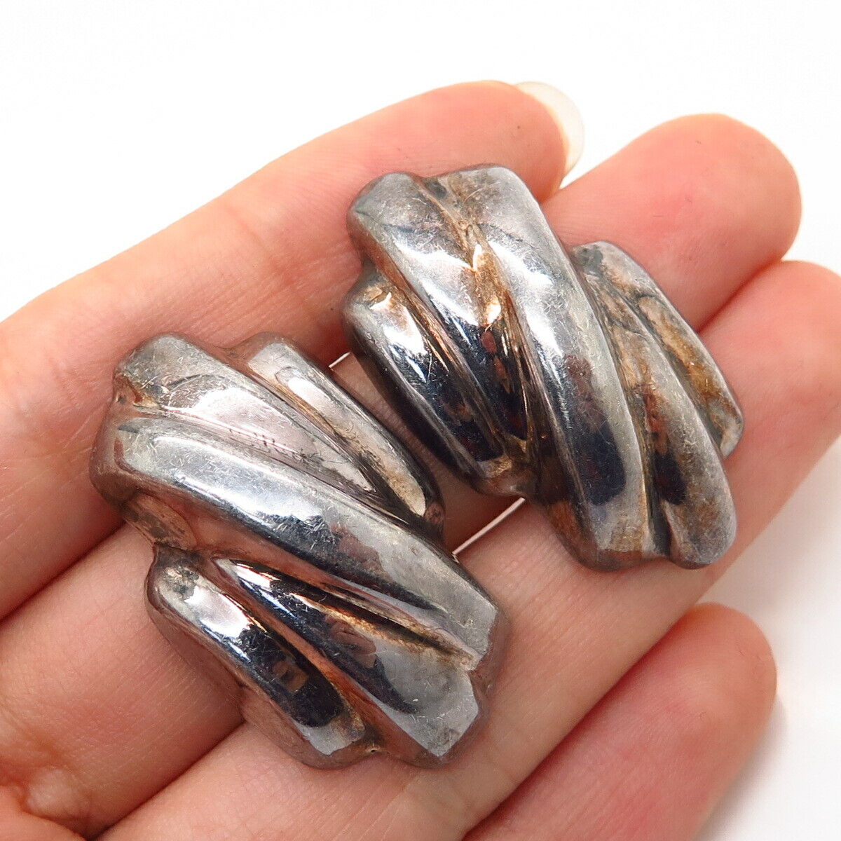 925 Sterling Silver Vintage Mexico Ribbed Design Hollow Earrings