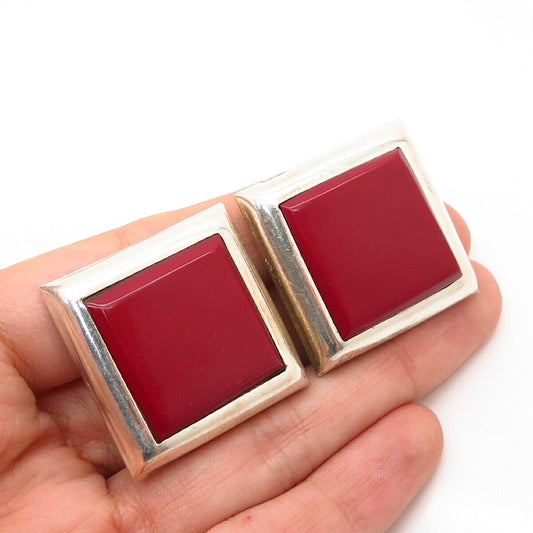 925 Sterling Silver Vintage Mexico Faux Coral Square Design Clip On Earrings