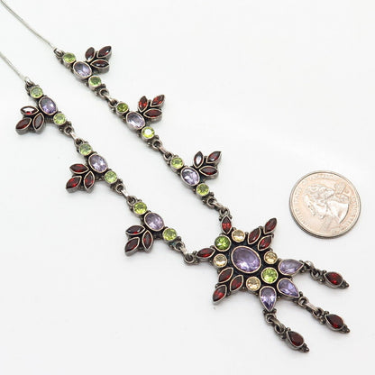 925 Sterling Silver Multi-Color Gem Leaf Design Statement Chain Necklace 16"