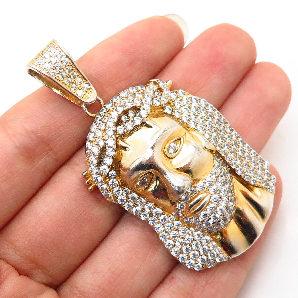 925 Sterling Silver Gold Plated C Z Jesus Religious Design Pendant