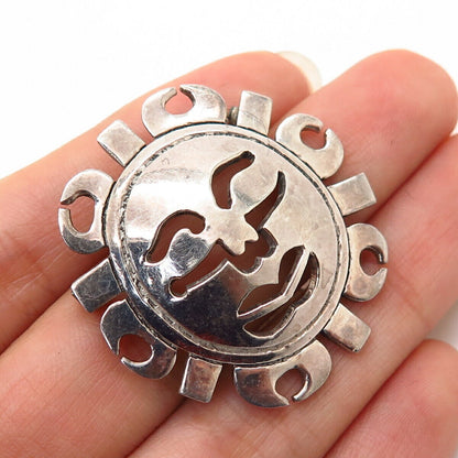 925 Sterling Silver Vintage Mexico Cutout Tribal Sun Face Design Pin Brooch