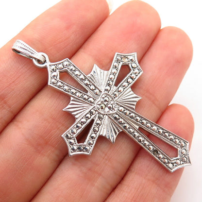 925 Sterling Silver Antique Real Marcasite Gem Cross Pendant