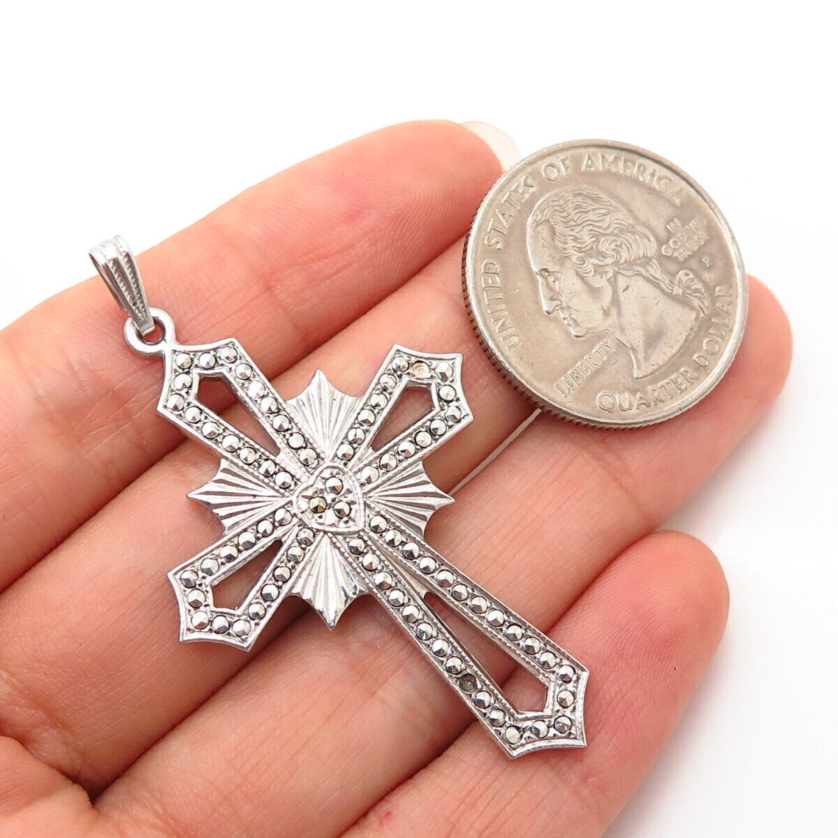 925 Sterling Silver Antique Real Marcasite Gem Cross Pendant