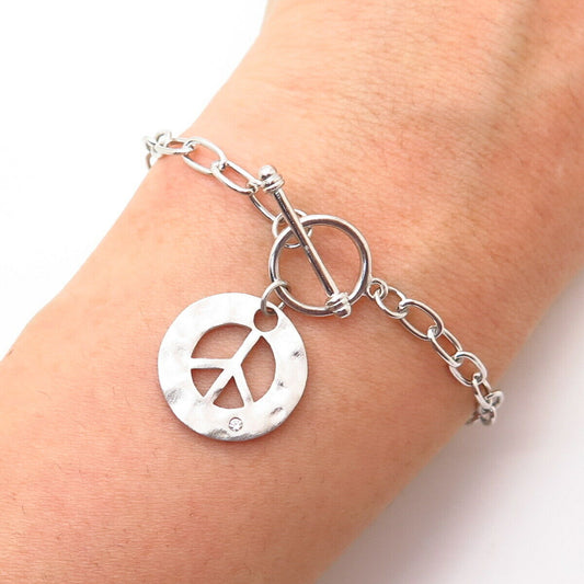 925 Sterling Silver C Z Peace Symbol Charm Oval Link Bracelet 6 3/4"