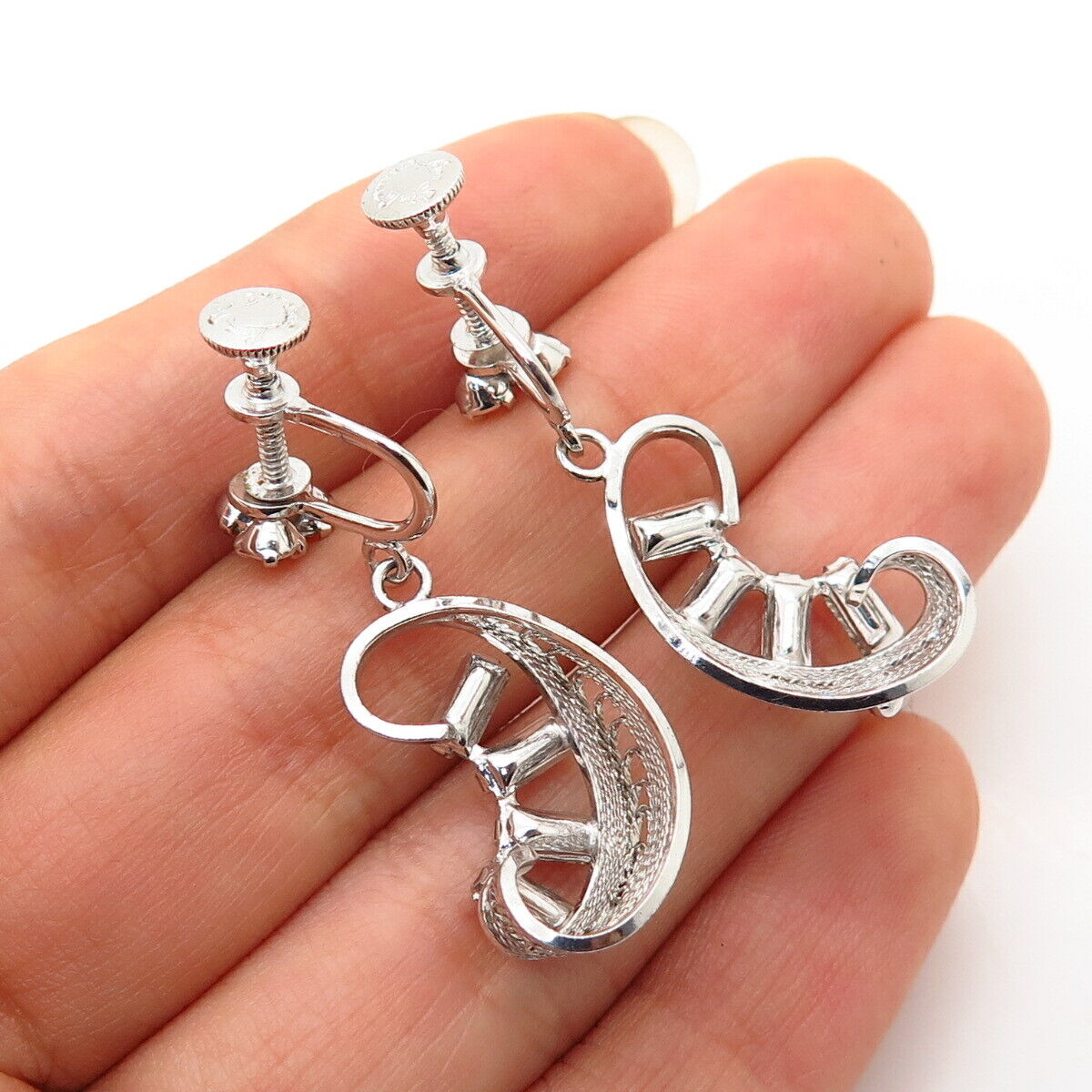 925 Sterling Silver Vintage Loran Sim Rhinestone Dangling Screw Back Earrings