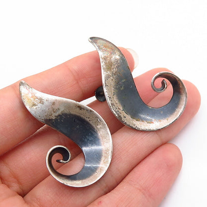 925 Sterling Silver Vintage Modernist Swirl Design Screw Back Earrings