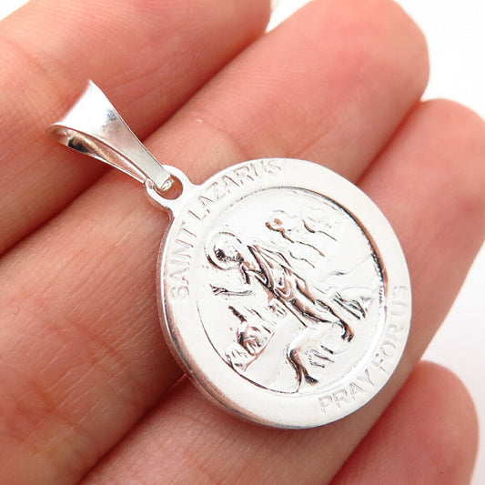 925 Sterling Silver Italy St. Lazarus "Pray For Us" Religious Medal Pendant