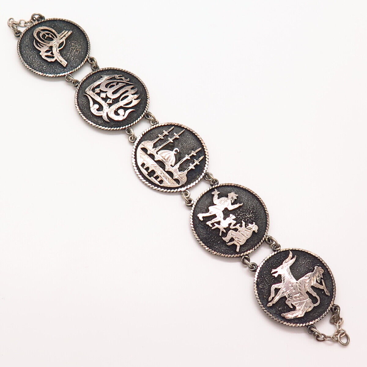 900 Silver Vintage Turkey Storyteller Panel Link Bracelet 6.5"