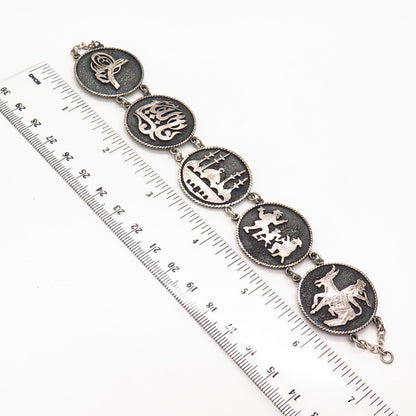 900 Silver Vintage Turkey Storyteller Panel Link Bracelet 6.5"