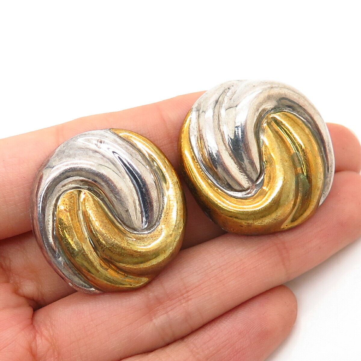 925 Sterling Silver 2-Tone Vintage Mexico Modernist Ribbed Clip On Earrings