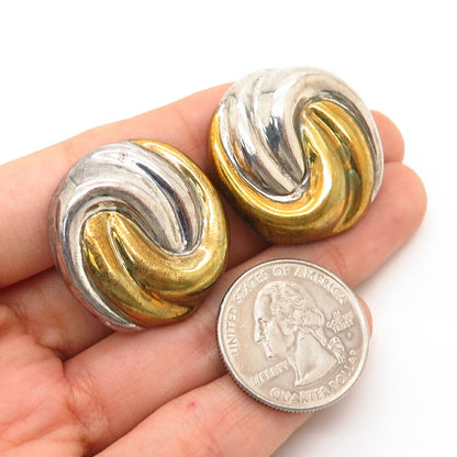 925 Sterling Silver 2-Tone Vintage Mexico Modernist Ribbed Clip On Earrings