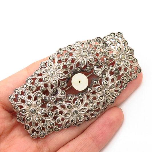 925 Sterling Silver Vintage Sweden Marcasite Gem & MOP Cutout Floral Pin Brooch