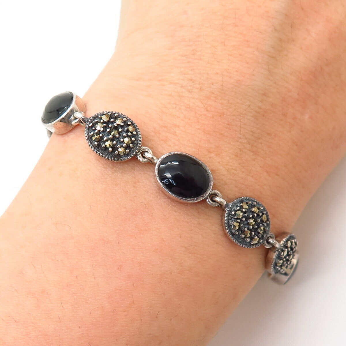 925 Sterling Silver Real Marcasite & Black Onyx Gem Oval Link Bracelet 7 1/4"