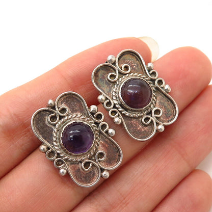 925 Sterling Silver Real Amethyst Gemstone Swirl Design Earrings