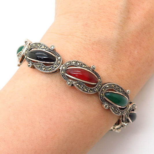 925 Sterling Silver Real Multi-Color Gemstone Link Bracelet 7"