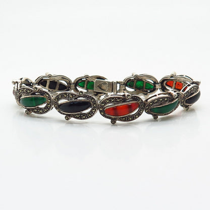 925 Sterling Silver Real Multi-Color Gemstone Link Bracelet 7"