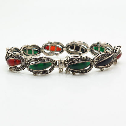 925 Sterling Silver Real Multi-Color Gemstone Link Bracelet 7"